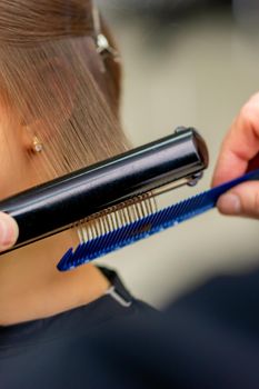 A hairdresser is straightening the hair of the young brunette woman in a beauty salon