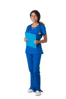 Female nurse in blue uniform with stethoscope and document folder isolated on white background, full length portrait