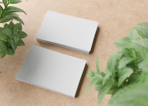 Blank white business cards with plants on light brown background. Natural mockup for branding identity. Two cards to show both sides. Template for graphic designer. Free space. 3D rendering
