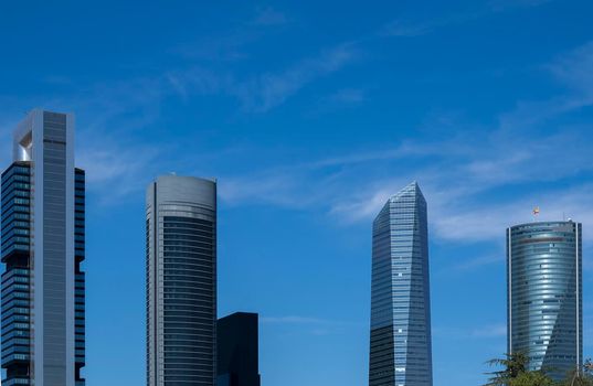 Four towers skyscrapers finance area in Madrid, Spain. Copy space.