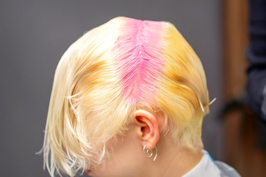 Young caucasian woman tints hair roots in pink color in a beauty salon