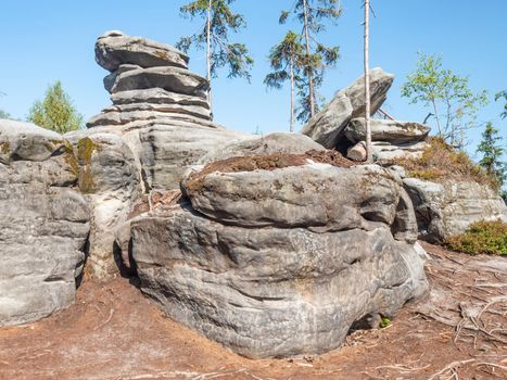 Rock city Ostas, nature reserve. Rocky labyrinth  and table mountain, Broumov region, Czech republic. Rocks and bizarre sandstone formations.