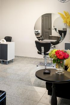 Interior of modern bright hair salon, manicure salon, or beauty salon