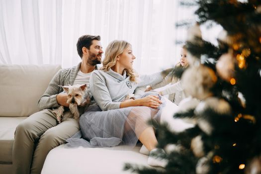 Happy family: mom, dad and pet. Family in a bright New Year's interior with a Christmas tree.