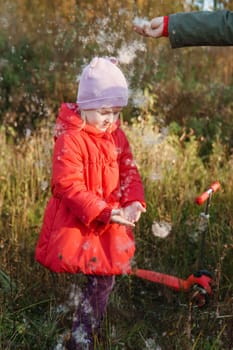 A little girl in a red coat walks in nature in an autumn grove. The season is autumn.