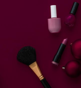 Cosmetic branding, fashion blog cover and girly glamour concept - Make-up and cosmetics product set for beauty brand Christmas sale promotion, luxury burgundy flatlay background as holiday design