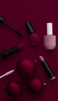 Cosmetic branding, fashion blog cover and girly glamour concept - Make-up and cosmetics product set for beauty brand Christmas sale promotion, luxury burgundy flatlay background as holiday design