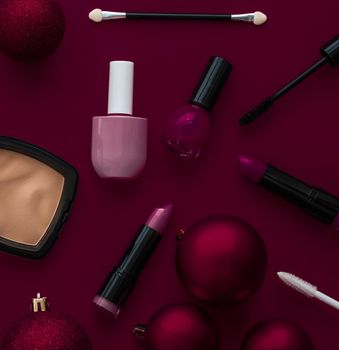 Cosmetic branding, fashion blog cover and girly glamour concept - Make-up and cosmetics product set for beauty brand Christmas sale promotion, luxury burgundy flatlay background as holiday design