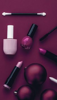 Cosmetic branding, fashion blog cover and girly glamour concept - Make-up and cosmetics product set for beauty brand Christmas sale promotion, luxury magenta flatlay background as holiday design