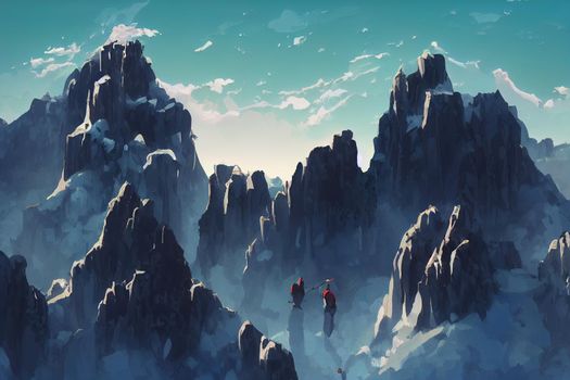 Concept of teamwork with team climbing mountain top, anime style, webtoon style
