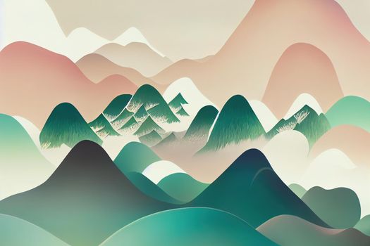 Abstract landscape background with mountain forest template, Natural panorama with Japanese wave pattern illustration,, anime style, webtoon style