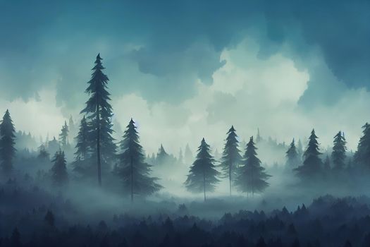 Foggy forest in a gloomy landscape, anime style, style, toon,