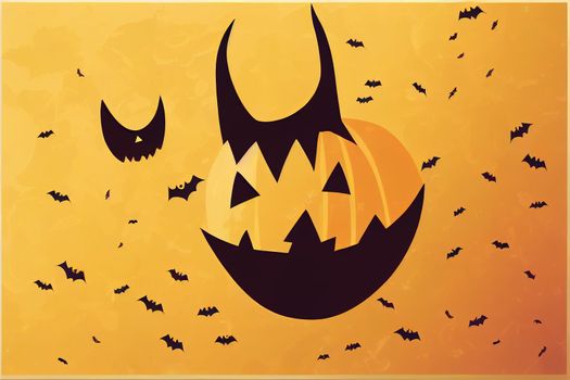 Halloween Background with cute halloween pumpkin,bat,spider and candy on yellow background. Website spooky,Background or banner Halloween template. illustration.