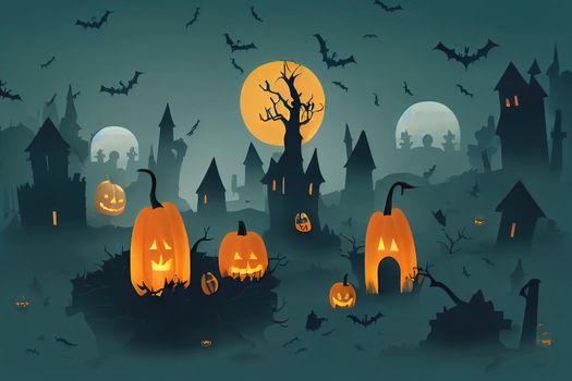 Graveyard and high spooky castle on top, cemetery with skulls and candles, pumpkins with lights and ghosts. Halloween landscape scene, small boneyard with tombstones and dry trees. Cartoon --ar