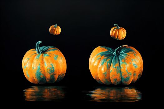 Glowing pumpkins levitate on a black background illustration