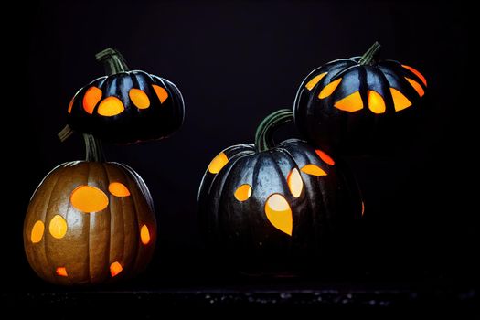 Glowing pumpkins levitate on a black background illustration