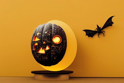 Halloween concept ,Podium for product display with the moonlight,pumpkins character,eye ball,bat.on yellow background.3d rendering.