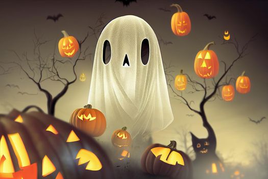 Halloween background with Ghost with pumpkin. For web, video games, user interface, design