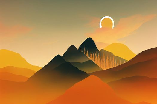 Team success concept photo, friends standing together on the top of the hill, over beautiful mountains landscape in gold