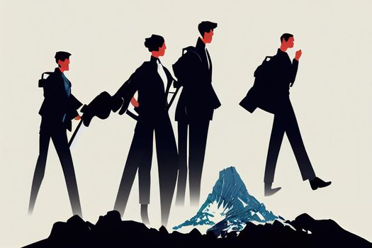 Silhouette group of businesspeople helping each other hike up a mountain on white background, Business, success, leadership, achievement and goal concept