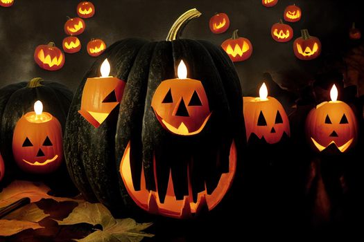 Halloween card. jack o lantern with candles glow on a black background. A row of creepy pumpkins with carved grimaces smokes in the dark.