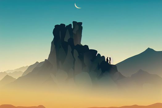 Silhouette of people on rock at beautiful mountain viewpoint, Views of mountain range from Tafilah Highway, Jordan,, 2d illustration, 2d style