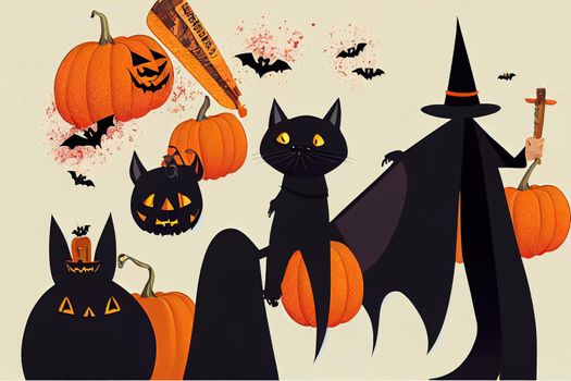 Halloween collection with bat, pumpink and dogs in Halloween costume. cartoon illustration on white background isolated