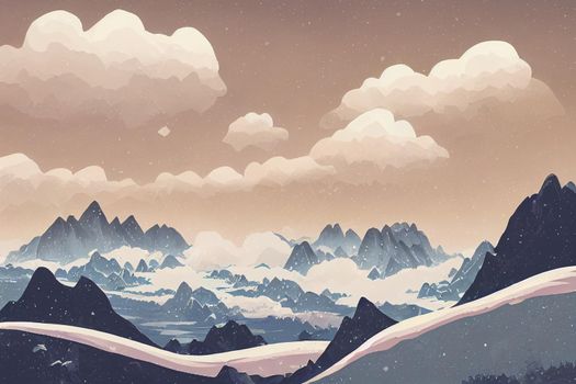 background of snowy mountains anime style, cartoon style toon style