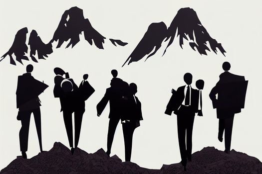 Silhouette group of businesspeople helping each other hike up a mountain on white background, Business, success, leadership
