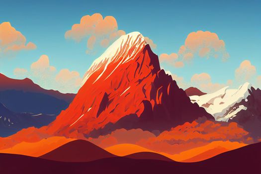 Scenic highlands landscape with great snowy mountain peak behind colorful brown red orange mountain wall in sunlight