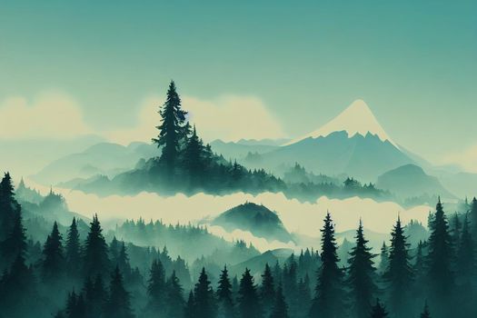 Misty foggy mountain landscape with fir forest and copyspace in vintage retro hipster style, anime style, style, toon,
