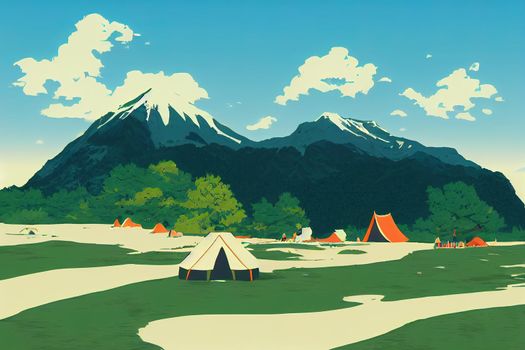 scenery of Raichosawa campsite,tateyama mountain range, Toyama prefecture, Japan anime style, cartoon style toon style