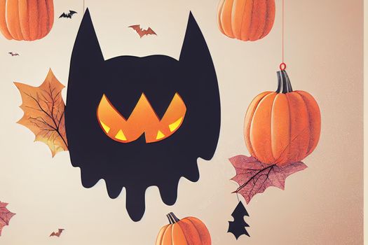 halloween banner template with cloud paper cut style and pumpkin cute cartoon character, bat, hang ornament happy party holiday, layout design background