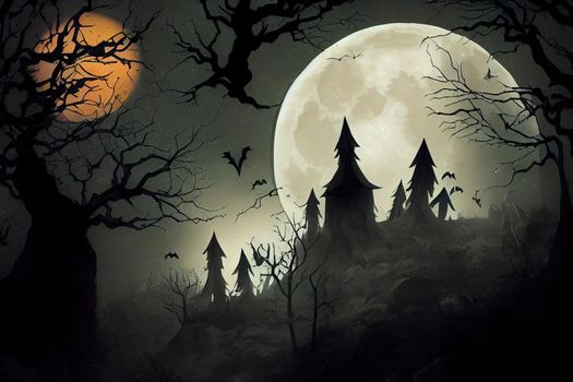 Halloween background.Spooky forest with full moon and bats flying