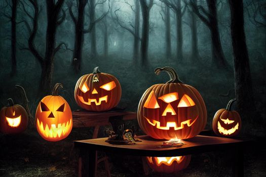 Halloween with Pumpkins and Dark Forest. Scary Halloween Design on table