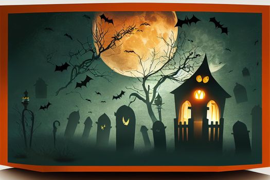 Halloween background design with 3d Podium round, square box stage podium ghost, pumpkin, bat, lamp, gravestone, moon, night, spooky, gravestone and paper cut art elements craft style on background.