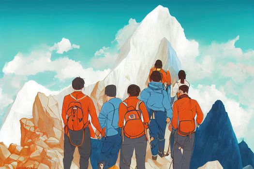 Group of team people helping work on peak mountain climbing teamwork , travel trekking winner success business concept, anime cartoon style, drawing