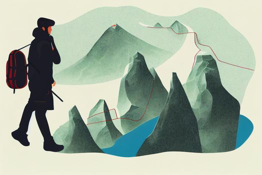 Traveler man with map planning walking route to mountains, illustration, drawing style, hand draw style