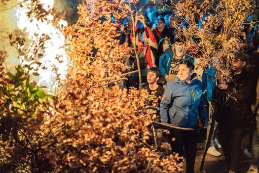 Montenegro, Budva 7.01. 2021: Christian Christmas in Montenegro, the feast of the oak branch. People burn an oak branch in honor of Christmas.