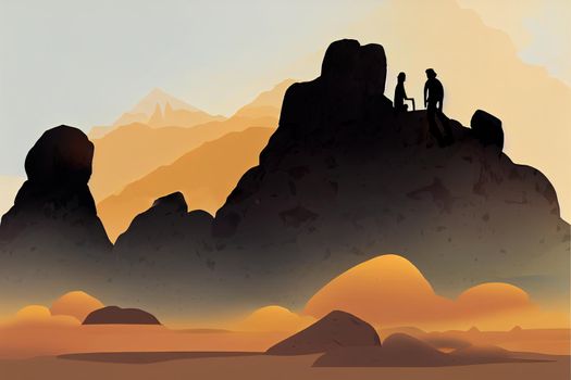 Silhouette of people on rock at beautiful mountain viewpoint, Views of mountain range from Tafilah Highway, Jordan,, 2d illustration, 2d style