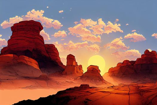 Red rocks at sunset in the canyon, Mountain rocks in canyon desert, Mountain rocks in sunlight, Mountain rocks panorama anime style, cartoon style toon style