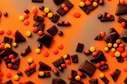 Halloween candy corner border banner. Top view on a black background with copy space.