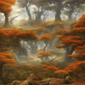 Beautiful foggy multilevel autumn forest background, 3D AI generated illustration