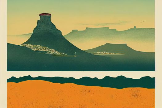 table mountain view in cape town vintage poster illustration design, vintage surf poster design, drawing style, hand draw style