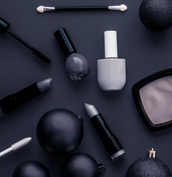 Cosmetic branding, fashion blog cover and girly glamour concept - Make-up and cosmetics product set for beauty brand Christmas sale promotion, luxury black flatlay background as holiday design