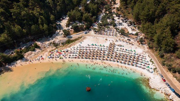 High aerial view of famous Marble beach at Thassos island, Greece