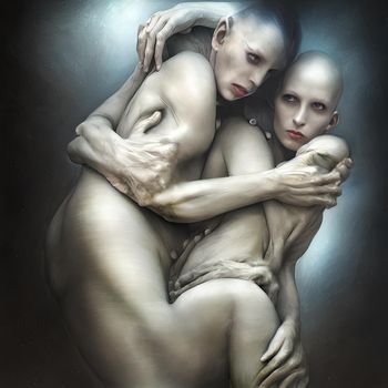 Quite surrealistic and some creepy detailed portrait of two white skinned humanoids embracing, AI generated 3D illustration with manual retouching
