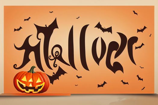 Halloween Decorative Border made of Festive Elements Background and Halloween text Calligraphic Lettering illustration.