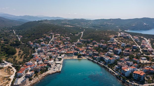 High angle daytime aerial view to the Skala Marion beach at Thassos island, Greece
