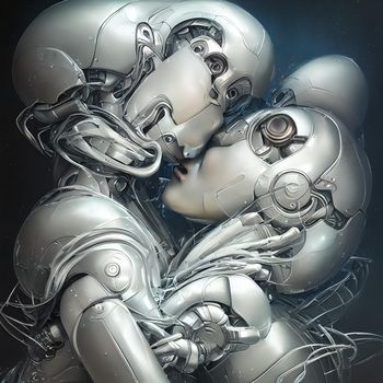 Quite surrealistic detailed portrait of two pearl skinned humanoid androids embracing, AI generated 3D illustration with manual retouching